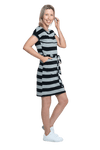 Petite model facing the side wearing charcoal grey and black striped t-shirt dress, featuring rounded neckline, pockets, belt feature, and capped sleeves. Quinn available in sizes 6-26