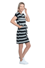 Petite model facing the side wearing charcoal grey and black striped t-shirt dress, featuring rounded neckline, pockets, belt feature, and capped sleeves. Quinn available in sizes 6-26