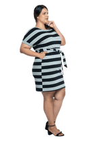 Curvy model facing the side wearing charcoal grey and black striped t-shirt dress, featuring rounded neckline, pockets, belt feature, and capped sleeves. Quinn available in sizes 6-26