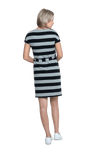 Petite model facing the back wearing charcoal grey and black striped t-shirt dress, featuring rounded neckline, pockets, belt feature, and capped sleeves. Quinn available in sizes 6-26