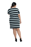 Curvy model facing the back wearing charcoal grey and black striped t-shirt dress, featuring rounded neckline, pockets, belt feature, and capped sleeves. Quinn available in sizes 6-26