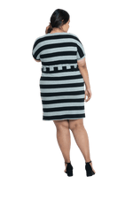 Curvy model facing the back wearing charcoal grey and black striped t-shirt dress, featuring rounded neckline, pockets, belt feature, and capped sleeves. Quinn available in sizes 6-26