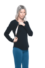 Model showing breastfeeding access, invisible diagonal zips running from under collar bone to rib. Reese available in sizes 6-26