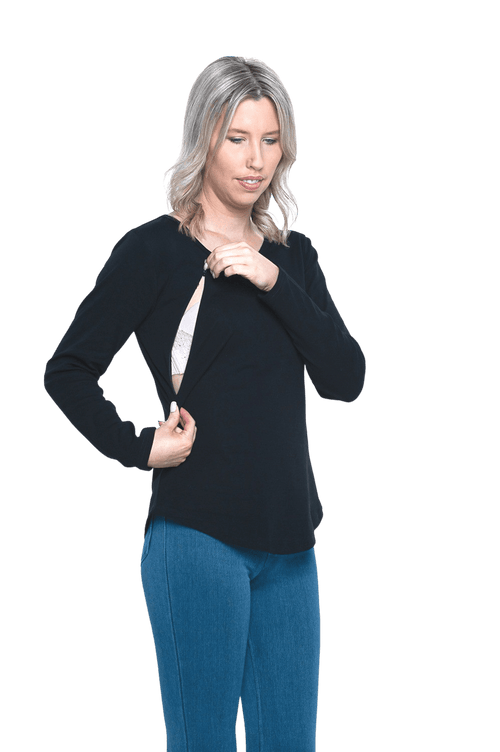 Model showing breastfeeding access, invisible diagonal zips running from under collar bone to rib. Reese available in sizes 6-26