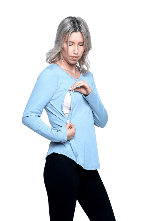 Model showing breastfeeding access, invisible diagonal zips running from under collar bone to rib. Reese available in sizes 6-26