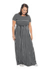 Brunette model facing camera wearing black and white striped maxi dress, featuring rounded neckline, and a gently fitted bodice, gathering above the waist. Riley available in sizes 6-18