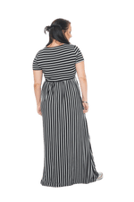 Brunette model facing the back wearing black and white striped maxi dress, featuring rounded neckline, and a gently fitted bodice, gathering above the waist. Riley available in sizes 6-18