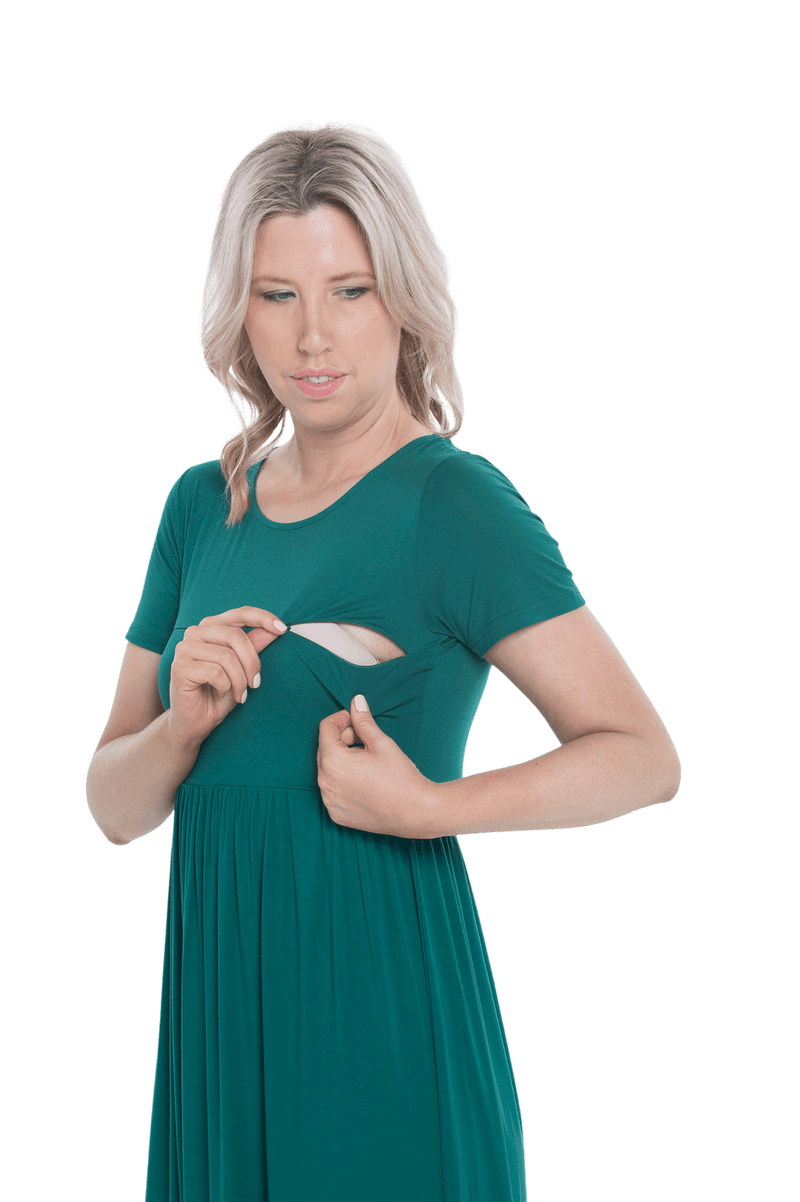 Model showing breastfeeding access, invisible horizontal zips running across the bust at change of colour. Riley available in sizes 6-26