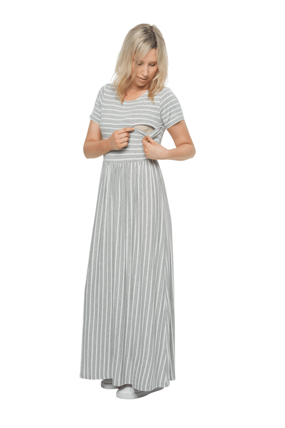 Riley Breastfeeding Maxi Dress Grey Stripe | Mama Clothing Riley Breastfeeding Maxi Dress Grey Stripe | Mama Clothing