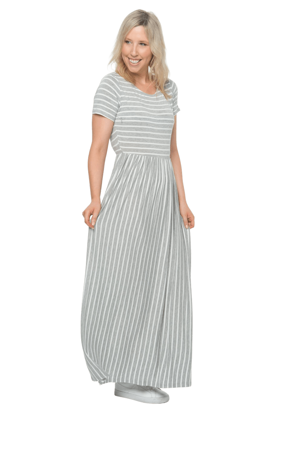 Riley Breastfeeding Maxi Dress Grey Stripe | Mama Clothing Riley Breastfeeding Maxi Dress Grey Stripe | Mama Clothing