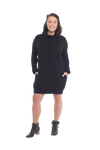 Brunette model facing the camera wearing black long sleeved tunic as a dress with boots, featuring pockets and a faux hoodie collar in a comfy, relaxed fit. Tori available in sizes 6-18