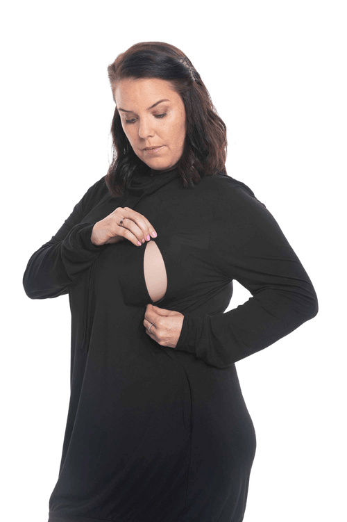 Model showing breastfeeding access, invisible diagonal zips running from under collar bone to rib. Tori available in sizes 6-18