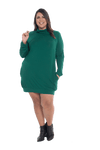 Curvy model facing the camera wearing bottle green long sleeved tunic as a dress with boots, featuring pockets and a faux hoodie collar in a comfy, relaxed fit. Tori available in sizes 6-26
