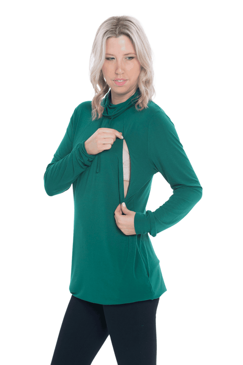 Model showing breastfeeding access, invisible diagonal zips running from under collar bone to rib. Tori available in sizes 6-26