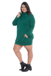 Curvy model facing the side wearing bottle green long sleeved tunic as a dress with boots, featuring pockets and a faux hoodie collar in a comfy, relaxed fit. Tori available in sizes 6-26