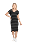 Petite model facing the camera wearing black with white pin striped shift dress, featuring slight v neck and side splits. Zoe available in sizes 6-18
