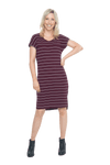 Petite model facing the camera wearing maroon with white pin striped shift dress, featuring slight v neck and side splits. Zoe available in sizes 6-18