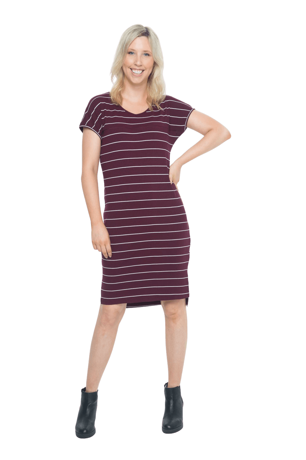 Petite model facing the camera wearing maroon with white pin striped shift dress, featuring slight v neck and side splits. Zoe available in sizes 6-18