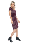 Petite model facing the side wearing maroon with white pin striped shift dress, featuring slight v neck and side splits. Zoe available in sizes 6-18
