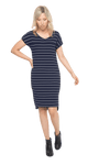 Petite model facing the camera wearing navy with white pin striped shift dress, featuring slight v neck and side splits. Zoe available in sizes 6-18