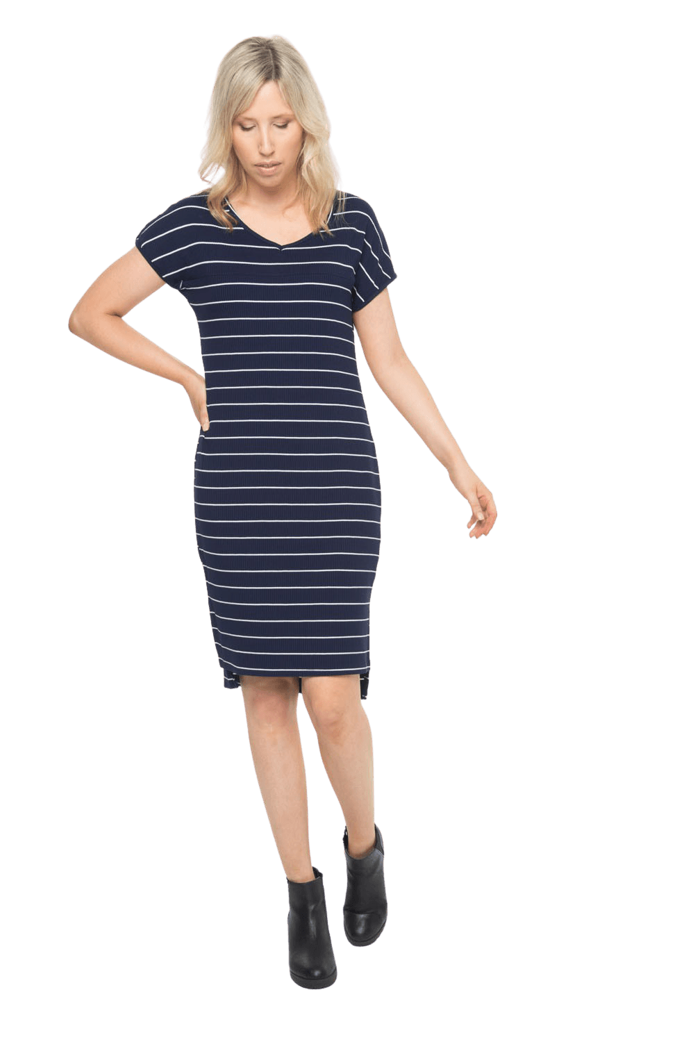 Petite model facing the camera wearing navy with white pin striped shift dress, featuring slight v neck and side splits. Zoe available in sizes 6-18