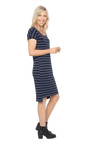 Petite model facing the side wearing navy with white pin striped shift dress, featuring slight v neck and side splits. Zoe available in sizes 6-18